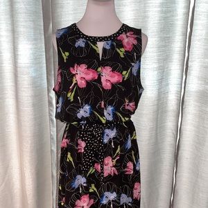 Black with pink blue and green floral print dress , keyhole front sleeveless